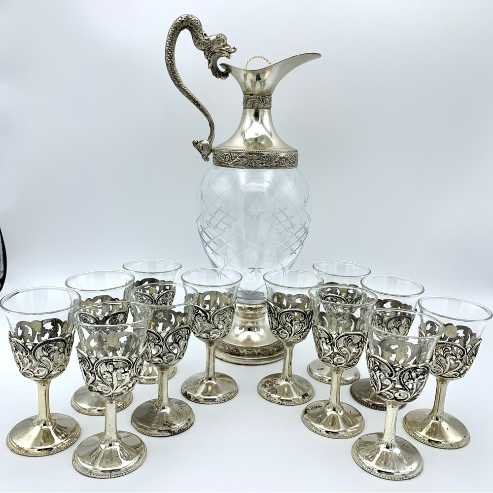 Vintage Italian Silver Plated Crystal Ewer Dragon Victorian Decanter, 12 Glasses